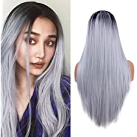 YMHPRIDE pelucas largas rectas para mujer moda gris plateado vestido elegante 22 pulgadas peluca Ombre peluca sintética…